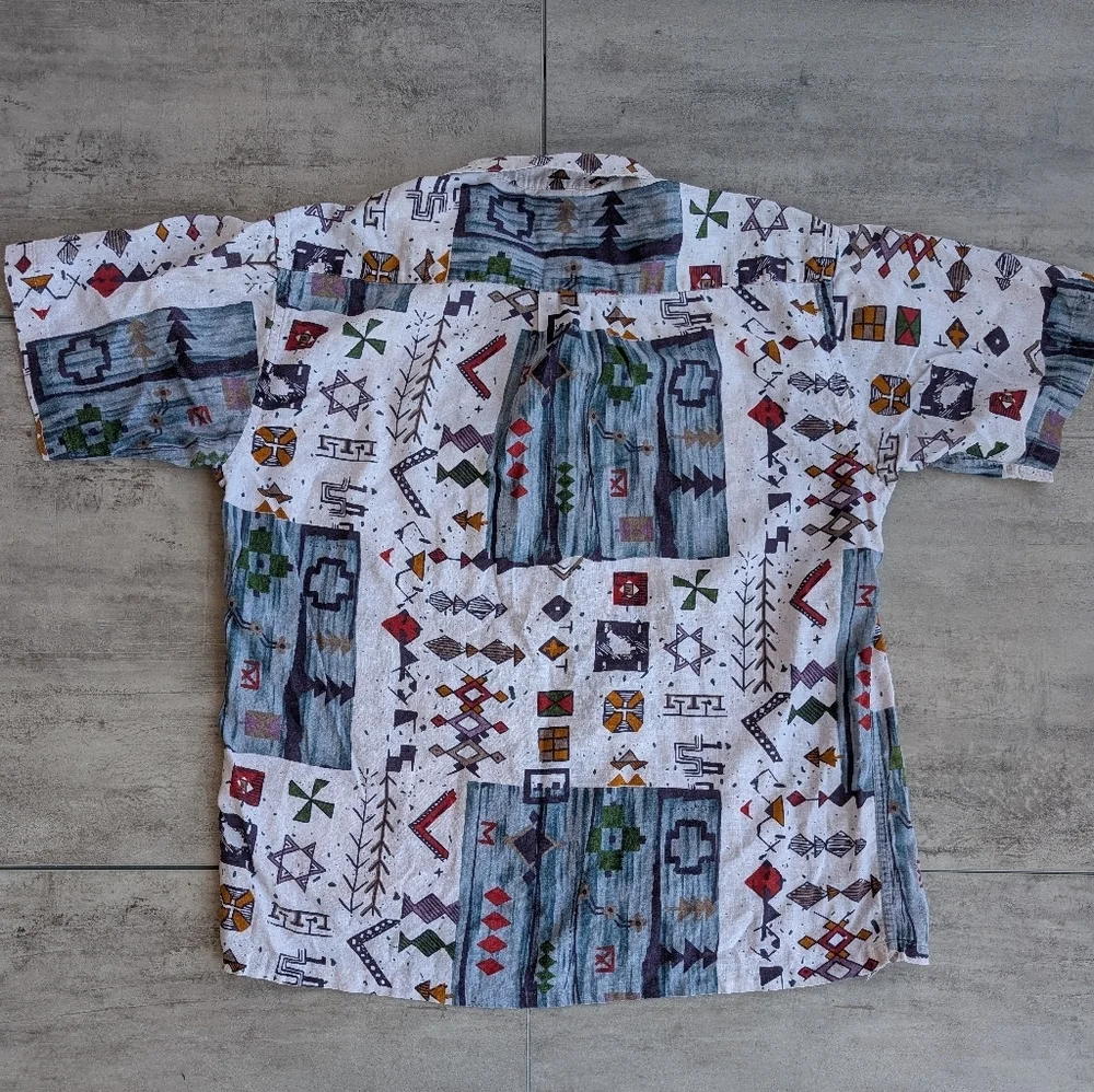 Vintage Natural Issue White Linen Aztec Men's Button Down Shirt Large